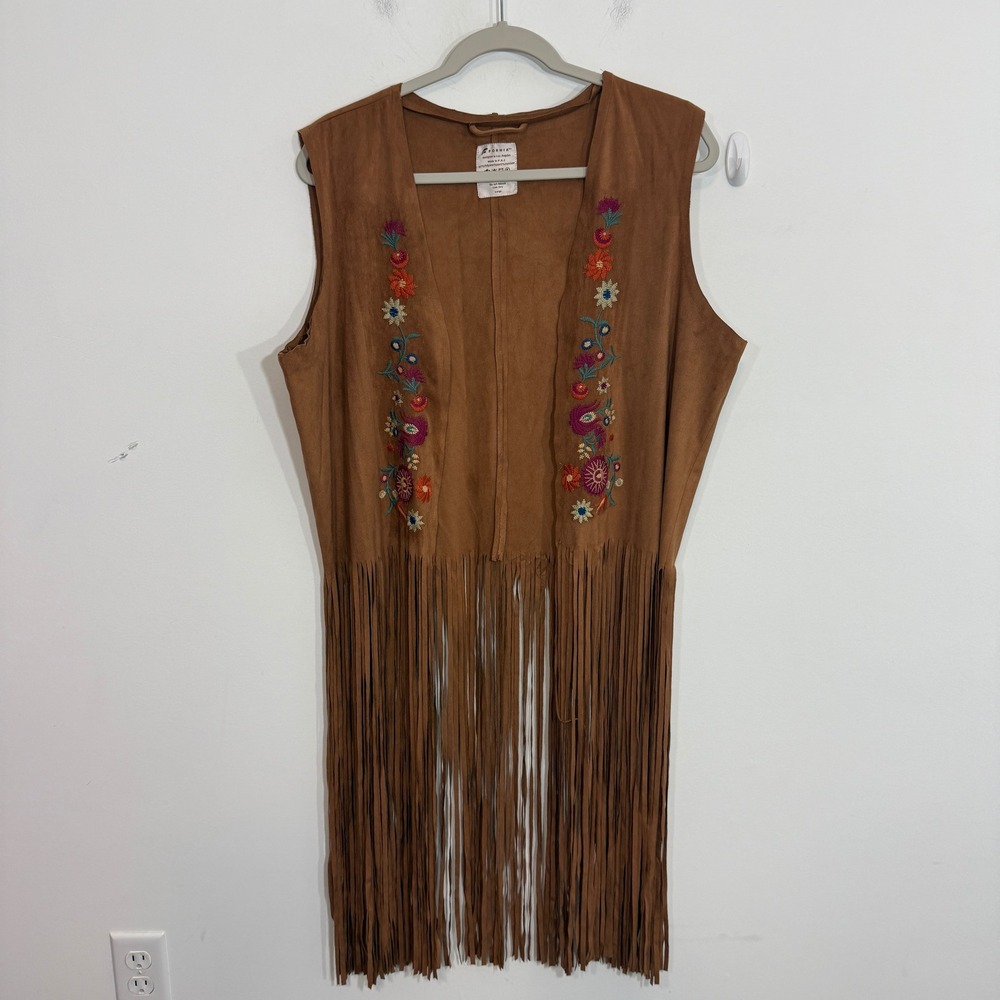 Fornia Women Vest L Brown Faux Suede Embroidered Fringe Western Cowgirl Festival